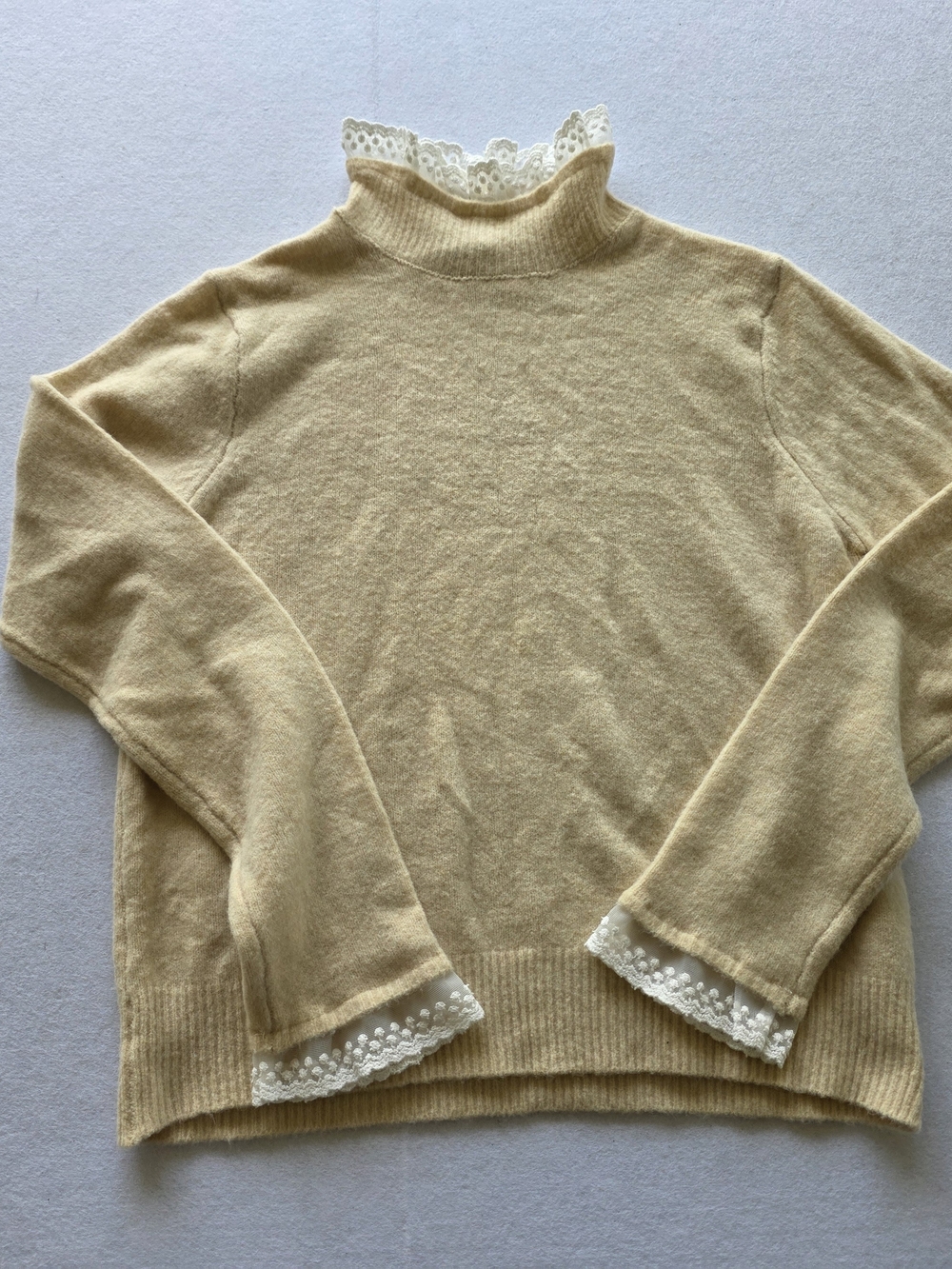 Boho Chic Cottagecore Zara Beige Lace-Trim Turtleneck Sweater